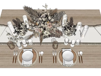 Elegant Tableware Set With Plates Cutlery Glasses And Floral Centerpiece On Wooden Table 3d model