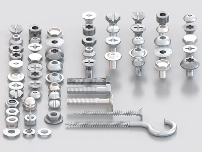 Assorted Metal Fasteners Collection With Screws Bolts Nuts Washers And Hooks 3d model
