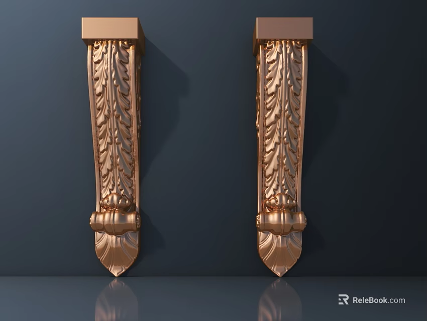 Golden Carved Decorative Columns with Intricate Leaf Patterns for Wall Decor 3d model