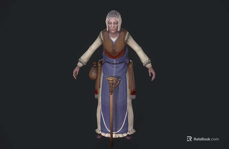 Medieval Female Game Movie Character With Blue Dress Brown Vest White Headscarf Staff And Pouch 3d model 