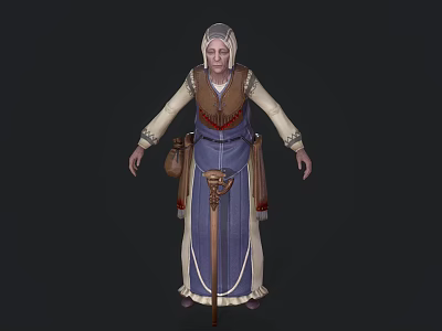Medieval Female Game Movie Character With Blue Dress Brown Vest White Headscarf Staff And Pouch 3d model