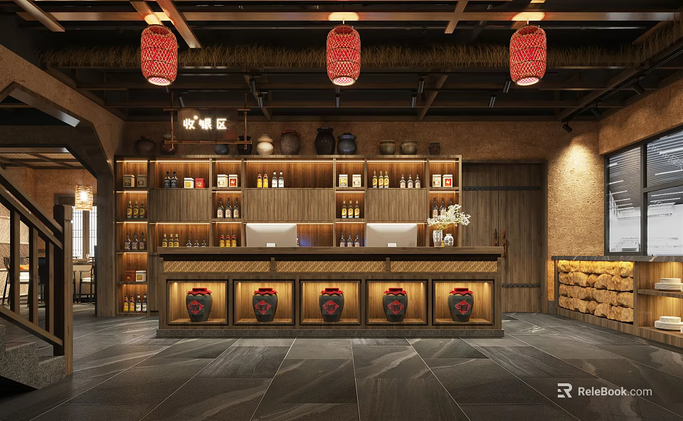 Chinese Style Hotel Lobby With Wooden Decor Red Lanterns Wine Shelves And Clay Jars 3d model 