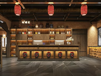 Chinese Style Hotel Lobby With Wooden Decor Red Lanterns Wine Shelves And Clay Jars 3d model