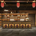 Chinese Style Hotel Lobby With Wooden Decor Red Lanterns Wine Shelves And Clay Jars
