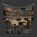 Cartoon Style Cottage With Wooden Roof Stone Base Porch And Barrel Decor