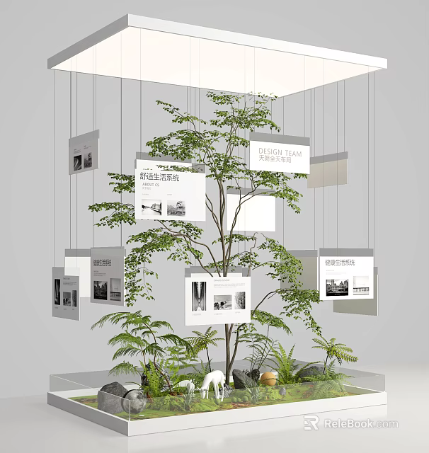 Window Display Decoration With Hanging Display Boards Text Images A Tree And Green Plants 3d model 