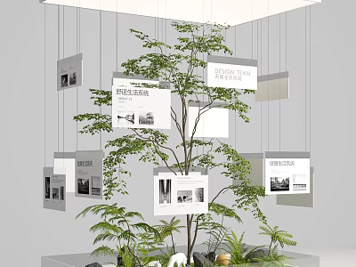 Window Display Decoration With Hanging Display Boards Text Images A Tree And Green Plants 3d model