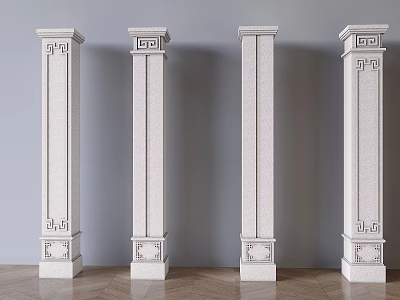 Four White Decorative Columns with Classical Carvings and Ornate Architectural Details 3d model