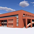 Modern Red Brick School Building With Large Windows Corridors And Blue Sky 3d model
