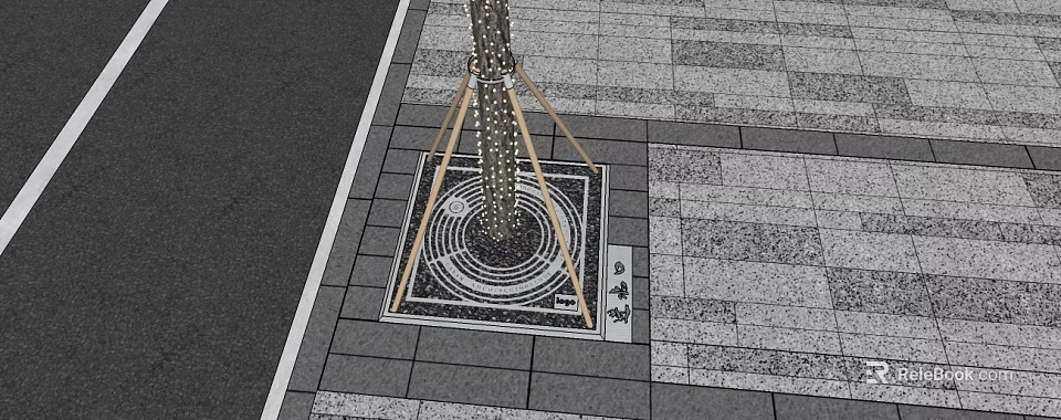 Square Tree Pit Design With Circular Pattern And Wooden Supports On Gray Paving 3d model