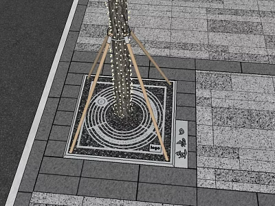 Square Tree Pit Design With Circular Pattern And Wooden Supports On Gray Paving 3d model