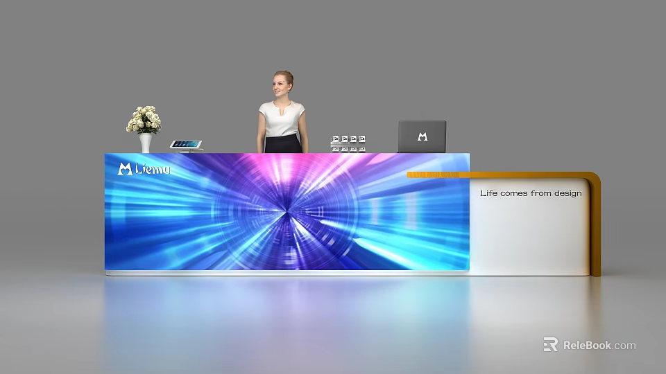 Modern Lavari Reception Desk With Illuminated Blue Purple Lighting And Receptionist Standing By Flower Vase 3d model 