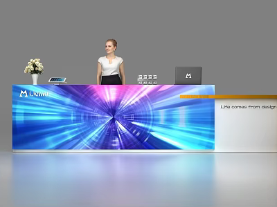 Modern Lavari Reception Desk With Illuminated Blue Purple Lighting And Receptionist Standing By Flower Vase 3d model