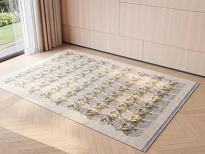 Square Rug With Light Colored Patterned Design On Wooden Floor Near Curtains And Green Plants 3d model