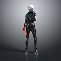 Sci Fi Humanoid Robotic Character In Black Bodysuit With Red Details And Mechanical Features
