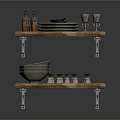 Rustic Wooden Shelves Displaying Plates Bottles And Glass Cups For Kitchen