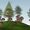 Multiple Round Design Treehouses With Spiral Staircase Surrounded by Trees Grass and Water