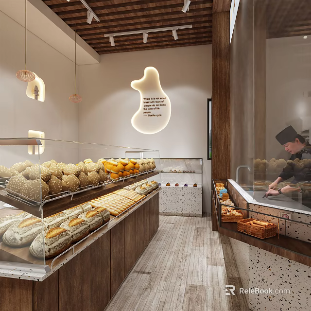 Modern Dessert Shop Featuring Fresh Bread Pastries Glass Display Shelves Warm Lighting and Wooden Counter 3d model 