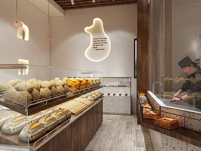 Modern Dessert Shop Featuring Fresh Bread Pastries Glass Display Shelves Warm Lighting and Wooden Counter 3d model