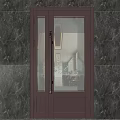 Pink Double Door with Glass Windows Against Marble Wall Reflecting Trees and Buildings