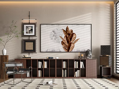 Modern Decorative Cabinet with Leaf Pattern Painting Green Plant Books and Chair in Living Room 3d model