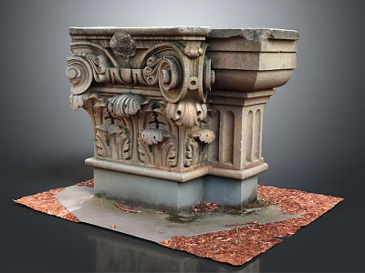 Cartoon Scene Showcasing Intricate Stone Pedestal With Scroll Leaf Carvings Red Fallen Leaves Gray Platform 3d model