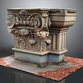 Cartoon Scene Showcasing Intricate Stone Pedestal With Scroll Leaf Carvings Red Fallen Leaves Gray Platform