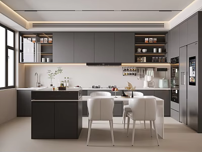 Modern Kitchen Interior Design With Dark Cabinets Island Counter White Chairs And Large Windows 3d model