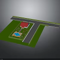 Residential Yard Layout With Green Lawn Red Roof House Blue Pool Driveway And Road