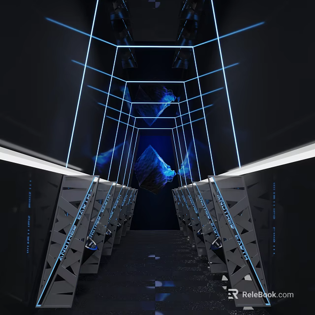 Modern Hi tech Public Restroom With Blue Lighting Geometric Structure And Multiple Cubicles Design 3d model