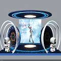 Intelligent Machines Futuristic Exhibition With Humanoid Robot Two Small Robots And Ring Lights