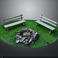 Outdoor Circular Grassy Area With Stone Fire Pit And White Benches