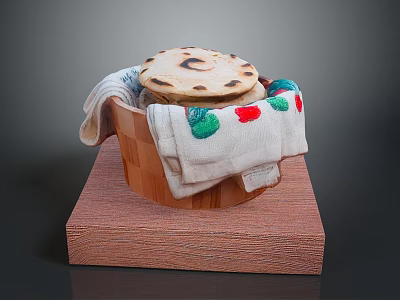 Traditional Handmade Flatbread Served In Wooden Basket With Embroidered Cloth 3d model