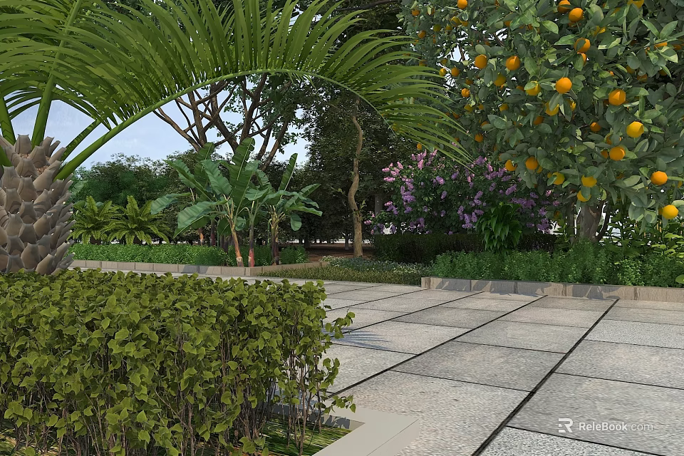 Lush Garden Landscape with Palm Orange Trees Fruits Purple Flowers Green Shrubs along Paved Walkway 3d model 
