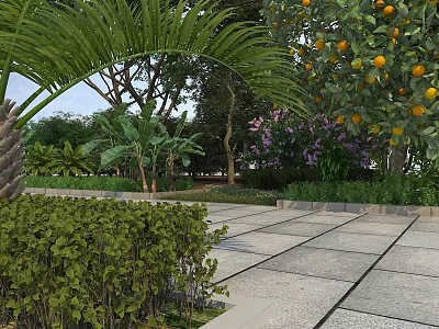 Lush Garden Landscape with Palm Orange Trees Fruits Purple Flowers Green Shrubs along Paved Walkway 3d model
