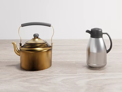 Daily Use Electrical Appliances Golden Kettle And Silver Thermos On Wooden Tabletop 3d model