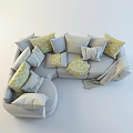 Gray Sectional Sofa with Yellow and White Geometric Pattern Pillows and Cozy Throw Blanket 3d model
