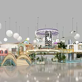 Indoor Playground With Hanging Spherical Lights Colorful Structures Slide Green Plants And Decorative Elements