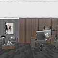 Modern Office Interior Design With Desk Ergonomic Chairs Sofa Coffee Table Decorative Painting And Large Windows