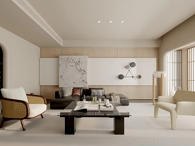 Modern Living Room Interior With Marble Wall Art Geometric Decor Coffee Table And Accent Chairs 3d model