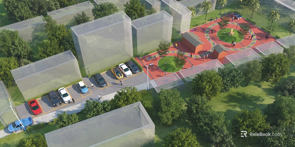 Urban Plaza Landscape With Surrounding Buildings Parking Area Circular Green Space And Pedestrians 3d model 