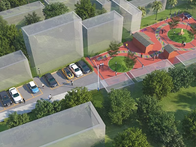 Urban Plaza Landscape With Surrounding Buildings Parking Area Circular Green Space And Pedestrians 3d model