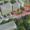Urban Plaza Landscape With Surrounding Buildings Parking Area Circular Green Space And Pedestrians