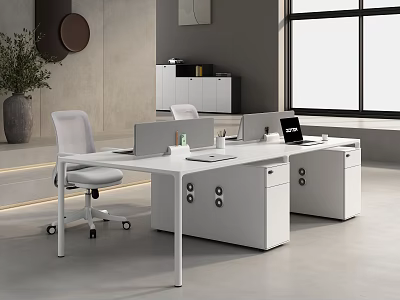 Modern White Office Desk With Drawers Computer Monitors Ergonomic Chair And Indoor Plants 3d model