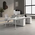 Modern White Office Desk With Drawers Computer Monitors Ergonomic Chair And Indoor Plants