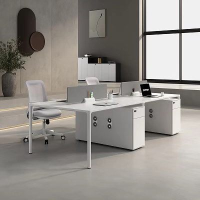 Modern White Office Desk With Drawers Computer Monitors Ergonomic Chair And Indoor Plants 3d model