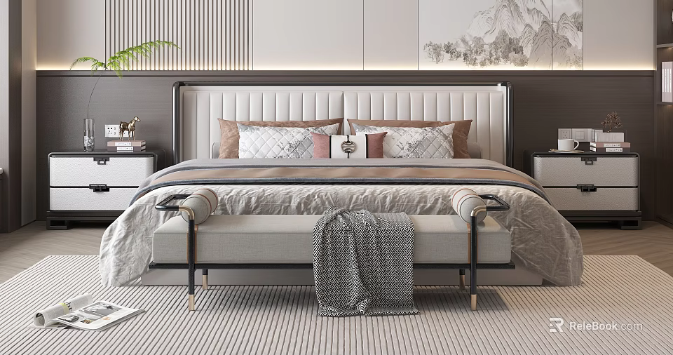 Modern Double Bed Interior With Upholstered Headboard Multiple Pillows Bed Bench And Nightstands 3d model 