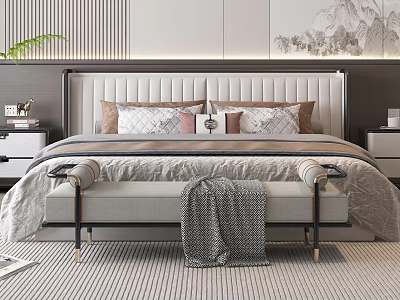 Modern Double Bed Interior With Upholstered Headboard Multiple Pillows Bed Bench And Nightstands 3d model