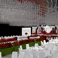 Elegant Wedding Banquet Hall With Crystal Chandelier Red Floral Decorations White Stage And White Chairs