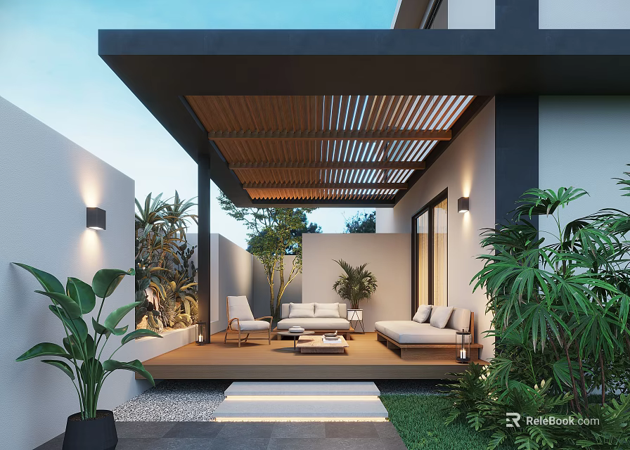 Modern Garden Landscape Design With Wooden Pergola Outdoor Furniture And Lush Green Plants 3d model 
